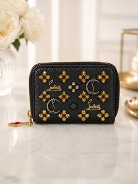 Christian Louboutin Compact Zip Wallet | Black Leather Studded Zip Around | COA